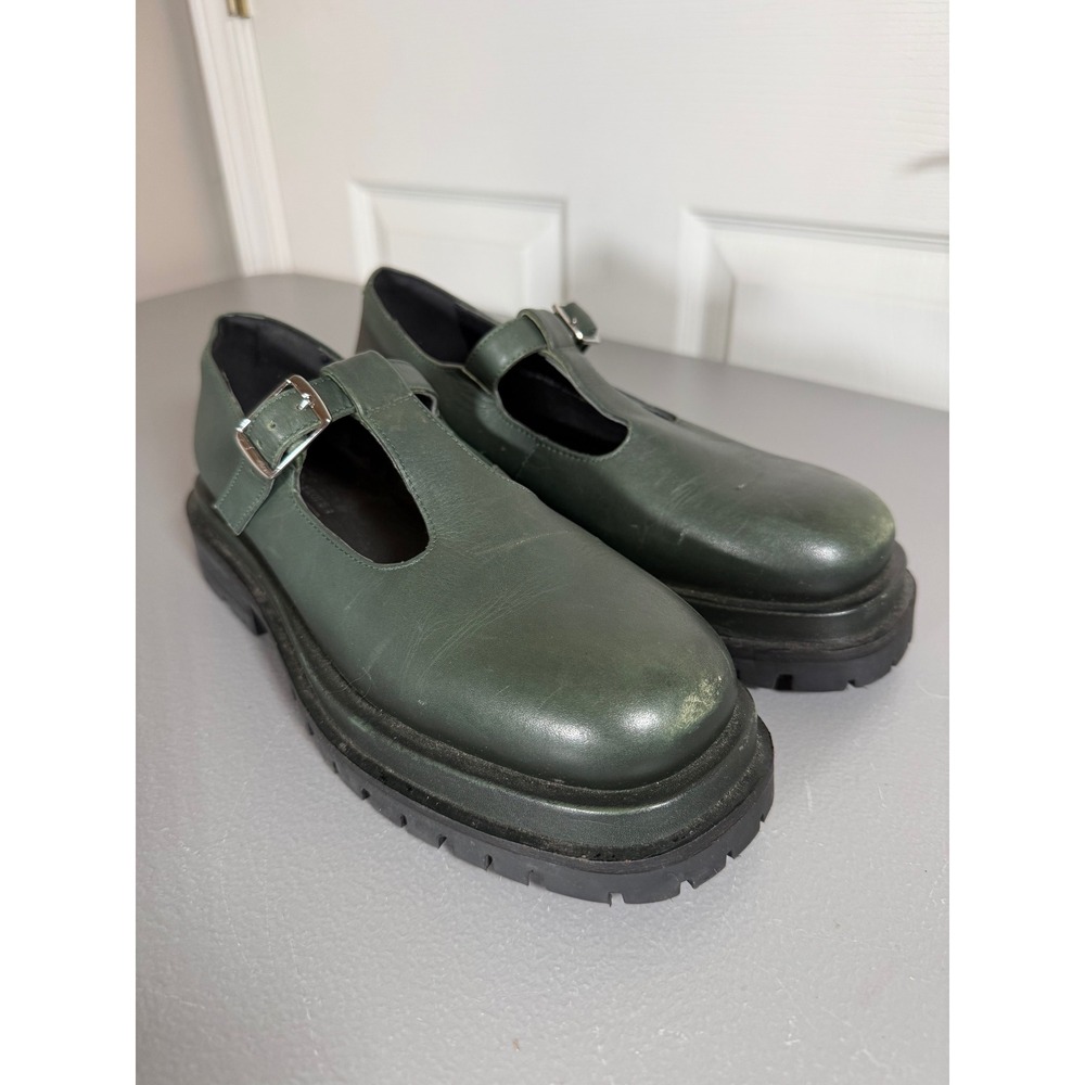 ASOS DESIGN Womens Green Leather T-Bar Mary Jane Lug Sole Shoes Chunky Size 5